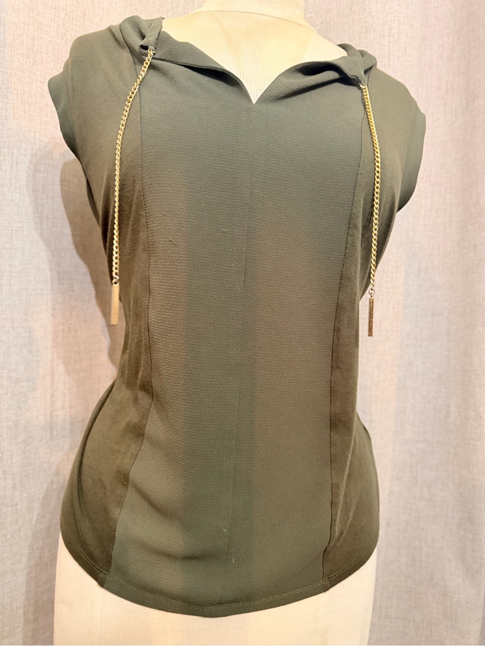 Michael Kors Olive Green Sleeveless Hooded Tank with Gold Chain Drawstrings
